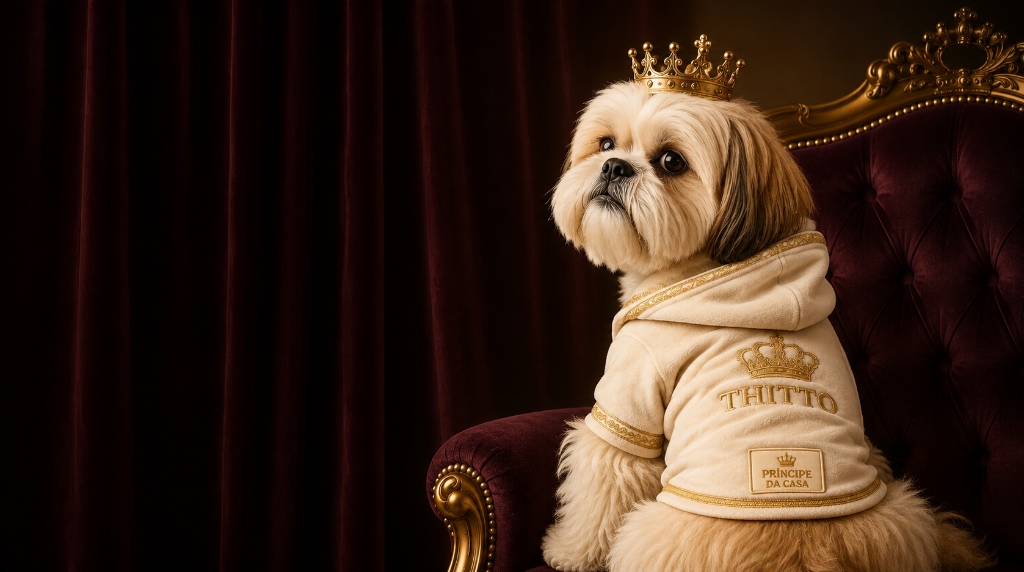 THITTO, o Shih-Tzu embaixador da marca, sentado em um trono de veludo usando uma peça personalizada